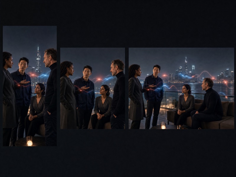 A cinematic scene adapted into square, landscape, and vertical formats with multilingual speech motifs