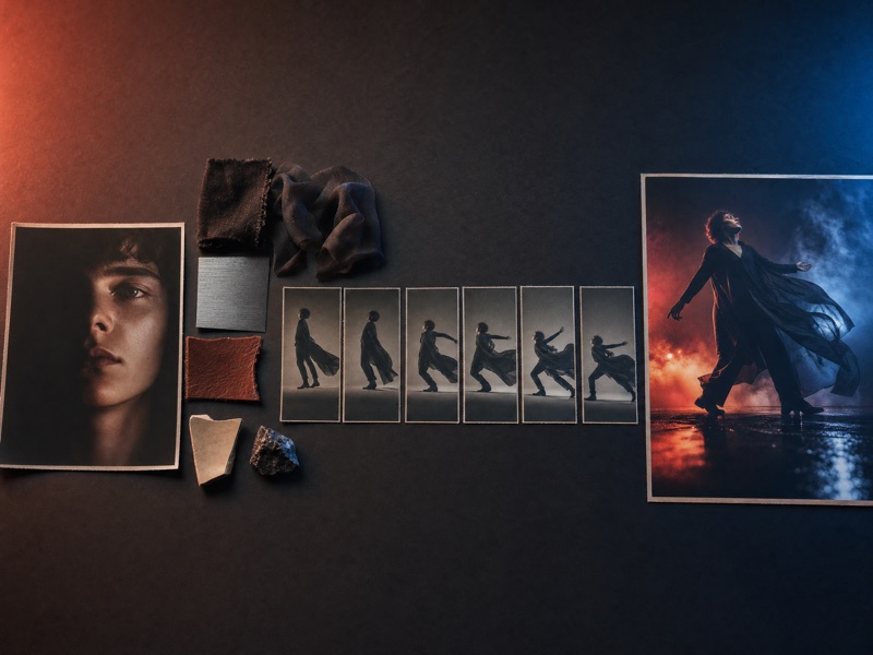 Creative control board linking a portrait reference, product image, motion frame, and keyframe markers