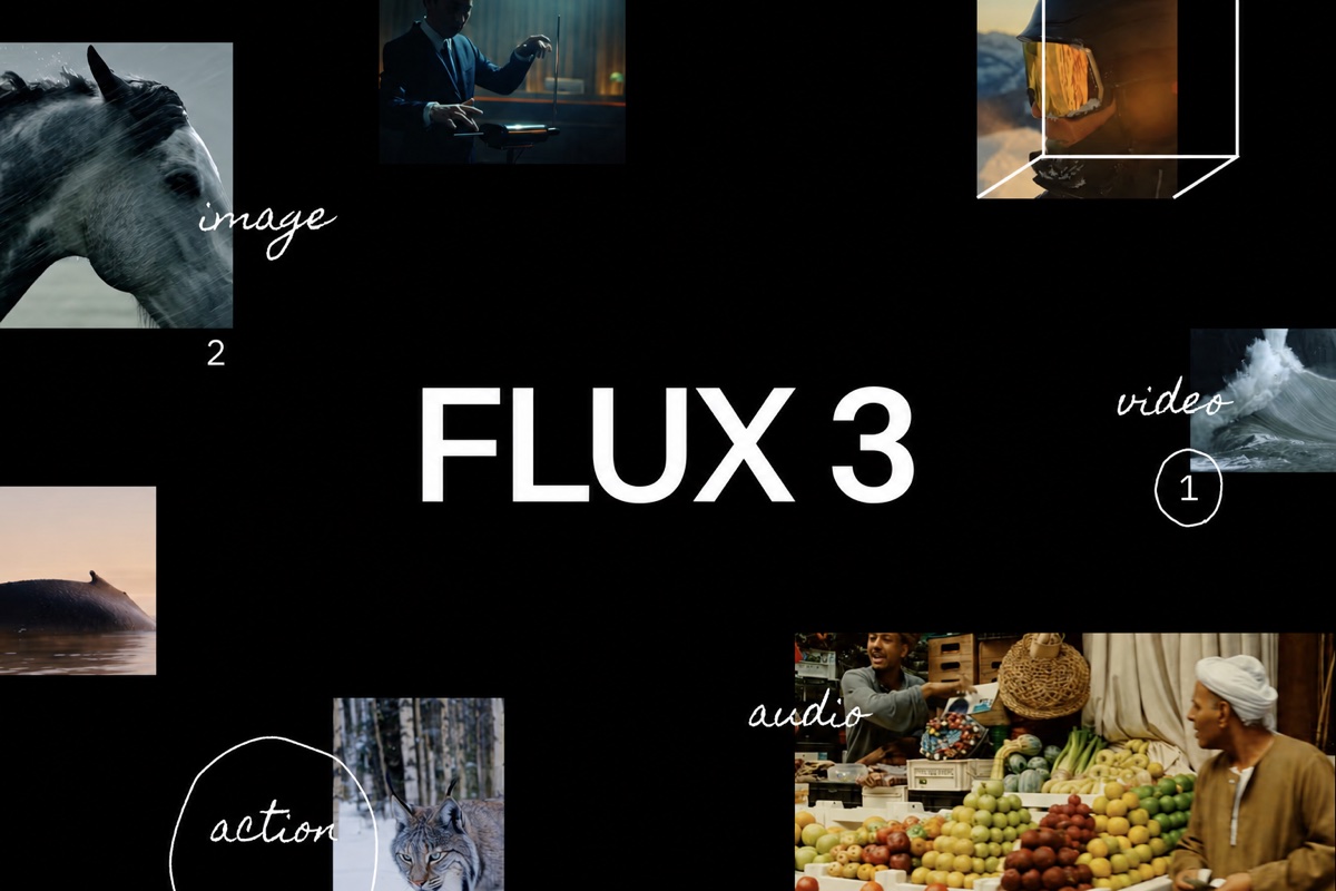 Flux 3 multimodal collage showing image, video, native audio, and action examples on a black canvas